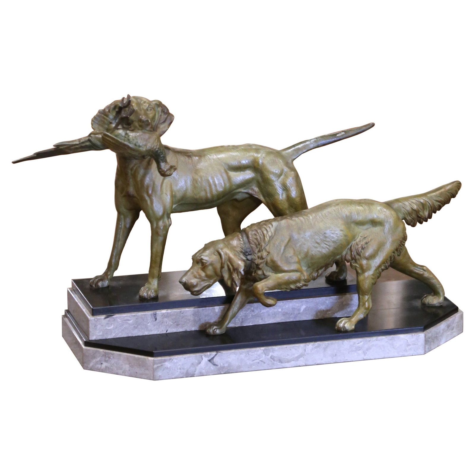 19th Century French Spelter Hunting Dogs Sculpture by C. Masson: 19th Century French Spelter Hunting Dogs Sculpture by C. Masson This exquisite late 19th-century French bronze sculpture, attributed to Clovis Edmond Masson, features a dynamic portrayal of two huntin