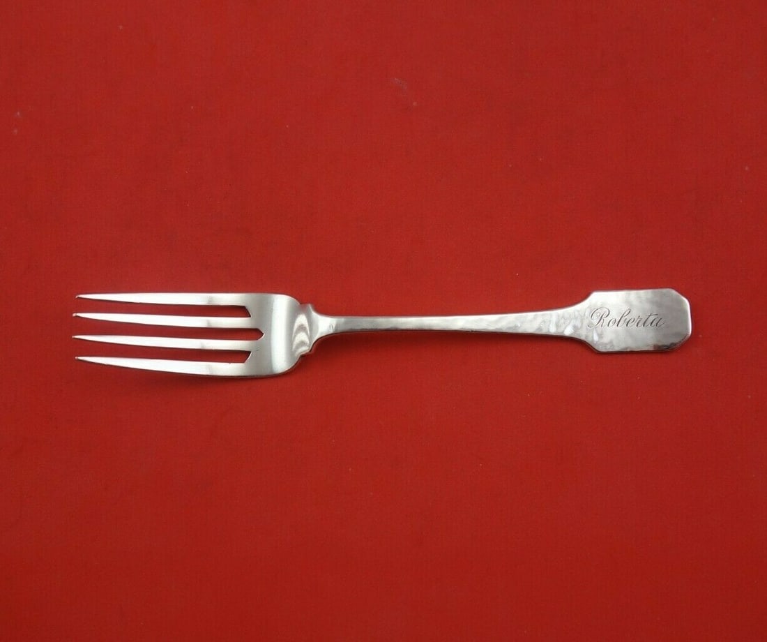 Shreve Norman Hammered Sterling Silver Dessert Fork Engraved Roberta 6.25": Shreve Norman Hammered Sterling Silver Dessert Fork Engraved Roberta 6.25" This exquisite 6 1/4" dessert fork is crafted from sterling silver by the renowned maker Shreve. It features the distinctive 