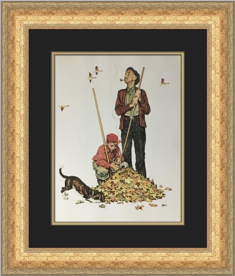 Norman Rockwell Grandpa and Me Fall Framed Print 1977 Americana: Norman Rockwell Grandpa and Me Fall Framed Print 1977 Americana This exquisite custom framed print by Norman Rockwell, titled "Grandpa and Me Fall," captures the essence of Americana with a nostalgic 
