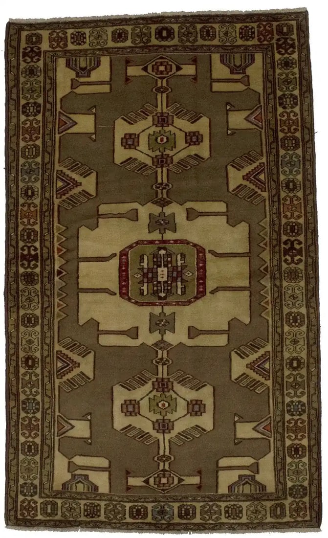 4'0 x 6'9 Wool Tribal Vintage Rug Hand-Knotted Khaki Geometric Area Carpet: 4'0 x 6'9 Wool Tribal Vintage Rug Hand-Knotted Khaki Geometric Area Carpet This handmade vintage tribal rug features a khaki base with beige, red, brown, cream, blue, melon, olive, and orange geometri