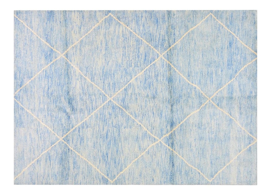 5'7" x 8' Beni Ourain Wool Rug in Blue Hand Knotted Moroccan: 5'7" x 8' Beni Ourain Wool Rug in Blue Hand Knotted Moroccan This Moroccan Beni Ourain rug is hand knotted using organic wool in natural colors. Featuring a contemporary style and a soft texture, it c