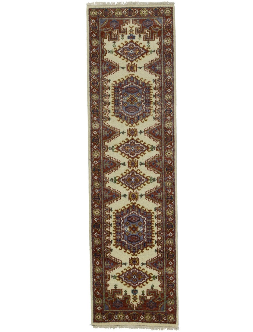 Hand Knotted Wool Tribal Runner 2'7 x 9'5 Indo Viss: Hand Knotted Wool Tribal Runner 2'7 x 9'5 Indo Viss This Indo-Viss tribal runner rug features a hand-knotted wool construction, showcasing a geometric pattern in cream, rusty red, gray, gold, and yell