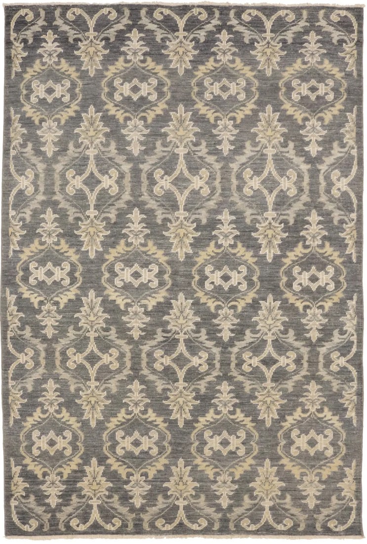 Distressed Oriental Wool Area Rug Hand-Knotted Transitional 5'11" x 8'9": Distressed Oriental Wool Area Rug Hand-Knotted Transitional 5'11" x 8'9" This hand-knotted transitional area rug features an antique-washed, distressed look with a muted color palette of brownish gray