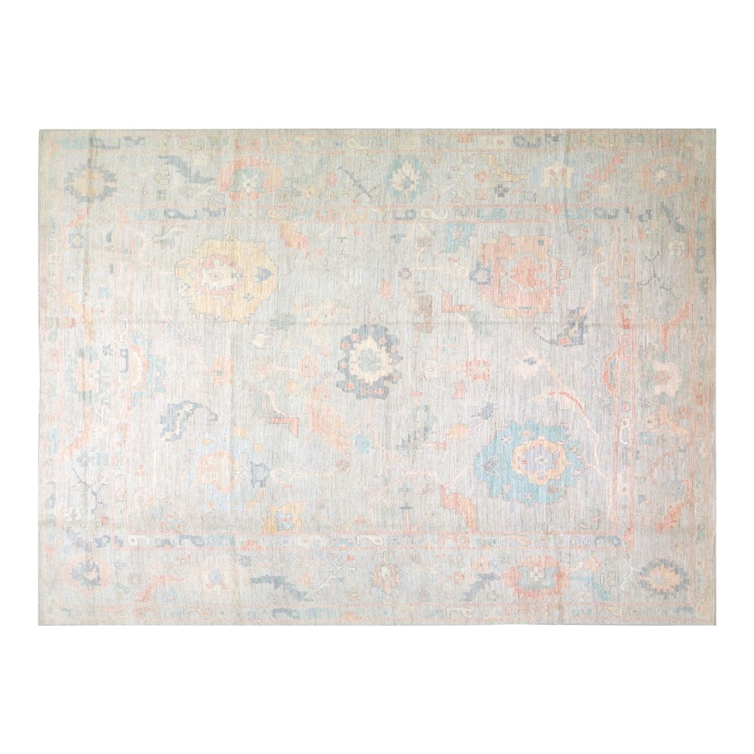 10'x13'9" Oushak Wool Area Rug Hand Knotted Turkish Design: 10'x13'9" Oushak Wool Area Rug Hand Knotted Turkish Design This Turkish Oushak rug is hand-knotted from wool using traditional techniques, offering a blend of timeless artistry and modern design sensi