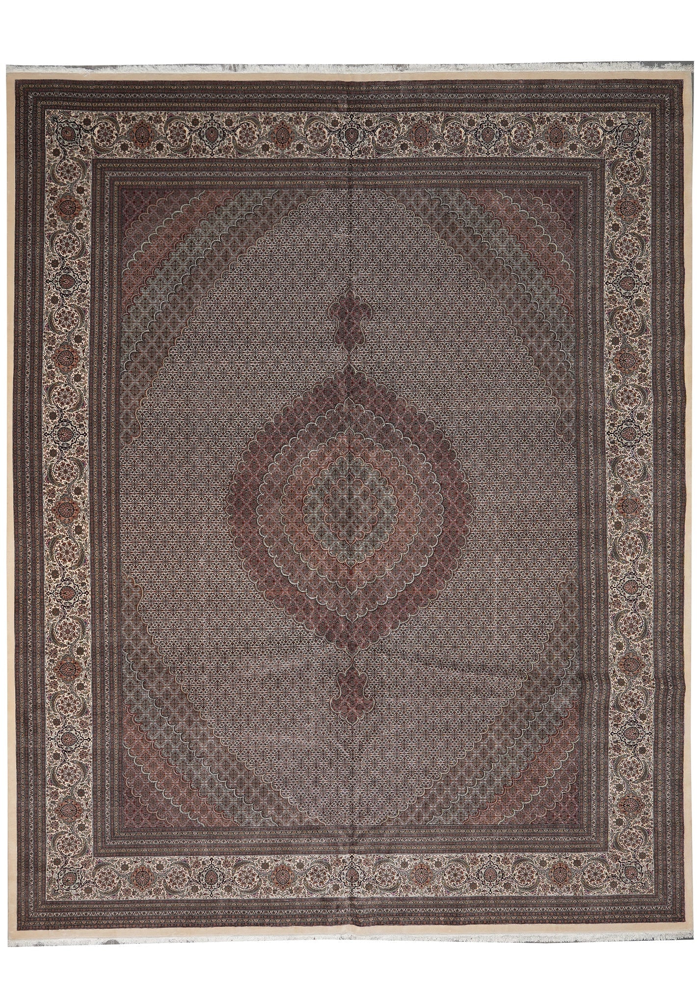 13 x 16.8 Authentic Persian Tabriz Mahi Rug Wool Silk 400 Kpsi Iran: 13 x 16.8 Authentic Persian Tabriz Mahi Rug Wool Silk 400 Kpsi Iran Free continental US Shipping Hand-knotted Persian Tabriz Mahi rug from Iran in an oversized 13 x 16.8 format. It features a classic 