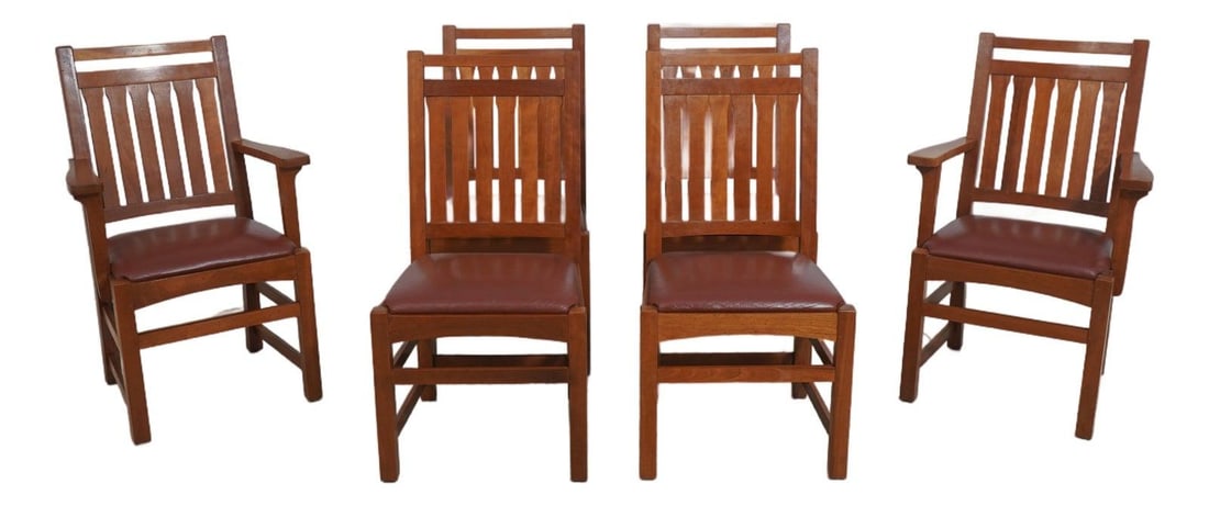 Set of Six Cherry Arts and Crafts Dining Chairs with Tooled Leather Seats (1 of 10)