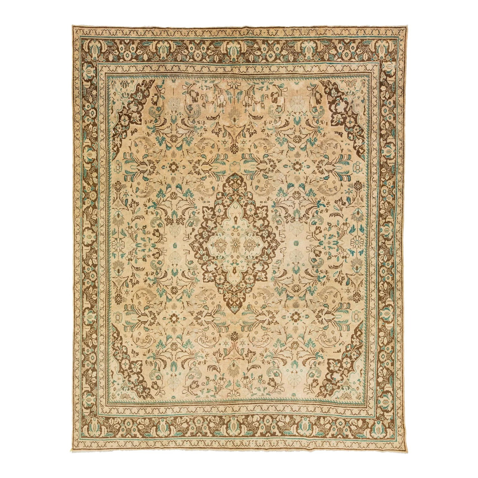 1940s Persian Mahal Handmade Wool Rug Tan Floral 10'5 x 13'4: 1940s Persian Mahal Handmade Wool Rug Tan Floral 10'5 x 13'4 Experience the elegance of this 1940s Vintage Persian Mahal Wool Rug, meticulously hand-knotted with a stunning tan color field. Adorned wi