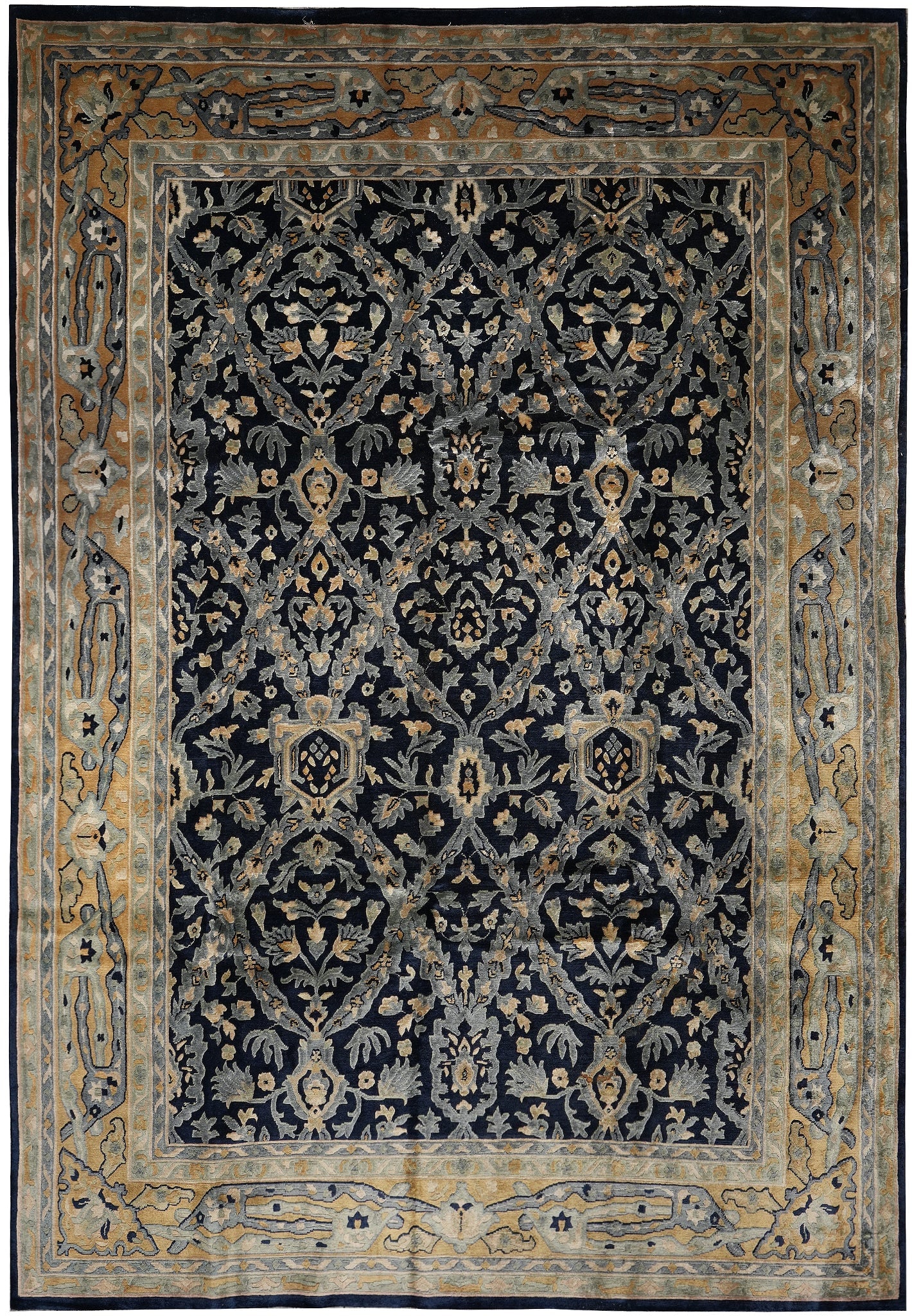 10 x 13.6 Handmade Nepali Rug Dark Blue Gold Wool Silk: 10 x 13.6 Handmade Nepali Rug Dark Blue Gold Wool Silk Free continental US Shipping This 10 x 13.6-foot handmade Nepali rug features a sophisticated dark blue and gold color palette. Expertly hand-kno