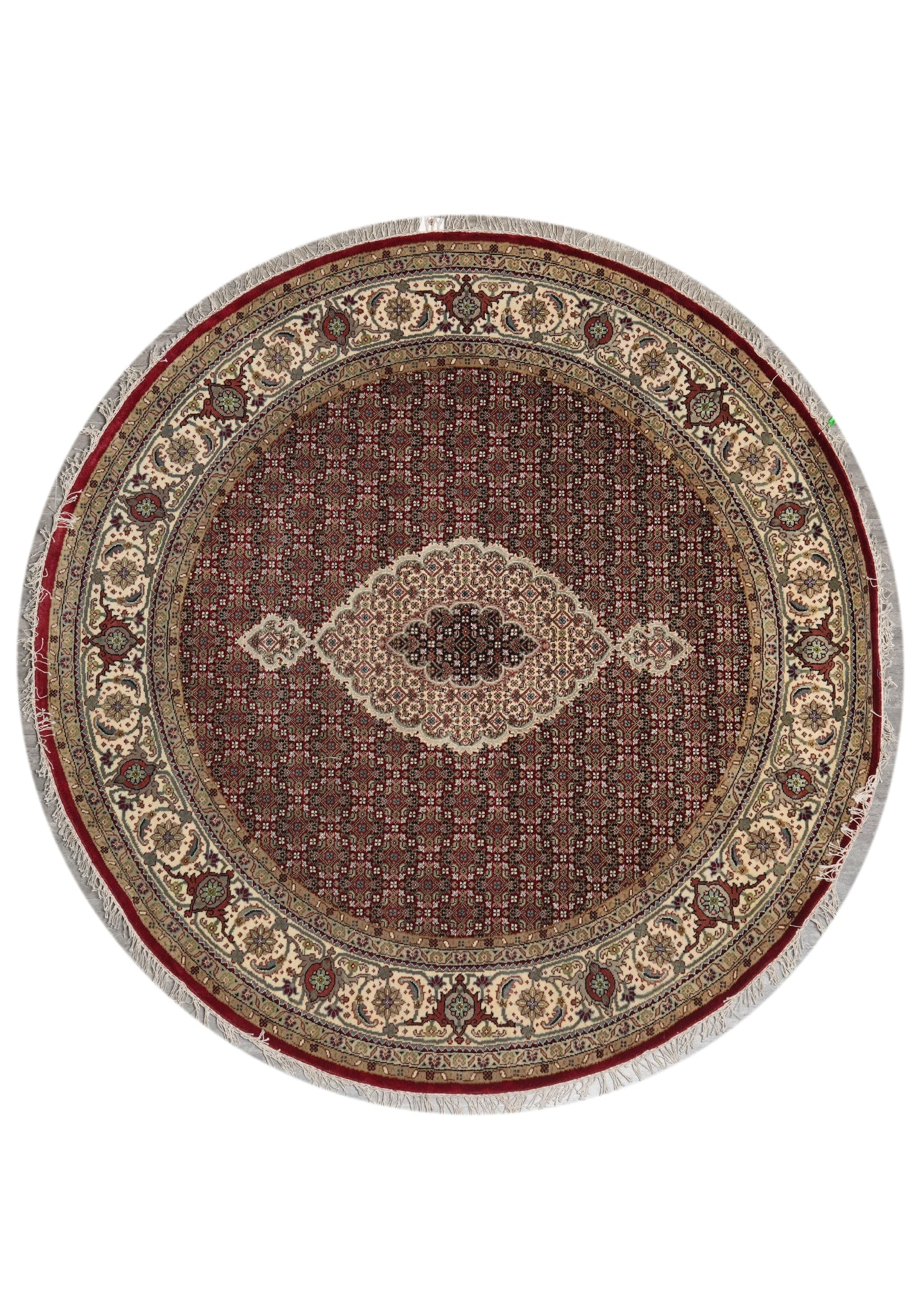 6 x 6 Feet Round Mahi Tabriz Wool and Silk Handmade Rug: 6 x 6 Feet Round Mahi Tabriz Wool and Silk Handmade Rug Free continental US Shipping This exquisite round Mahi Tabriz quality rug measures 6 x 6 feet and features a classic Mahi (Herati) pattern, know