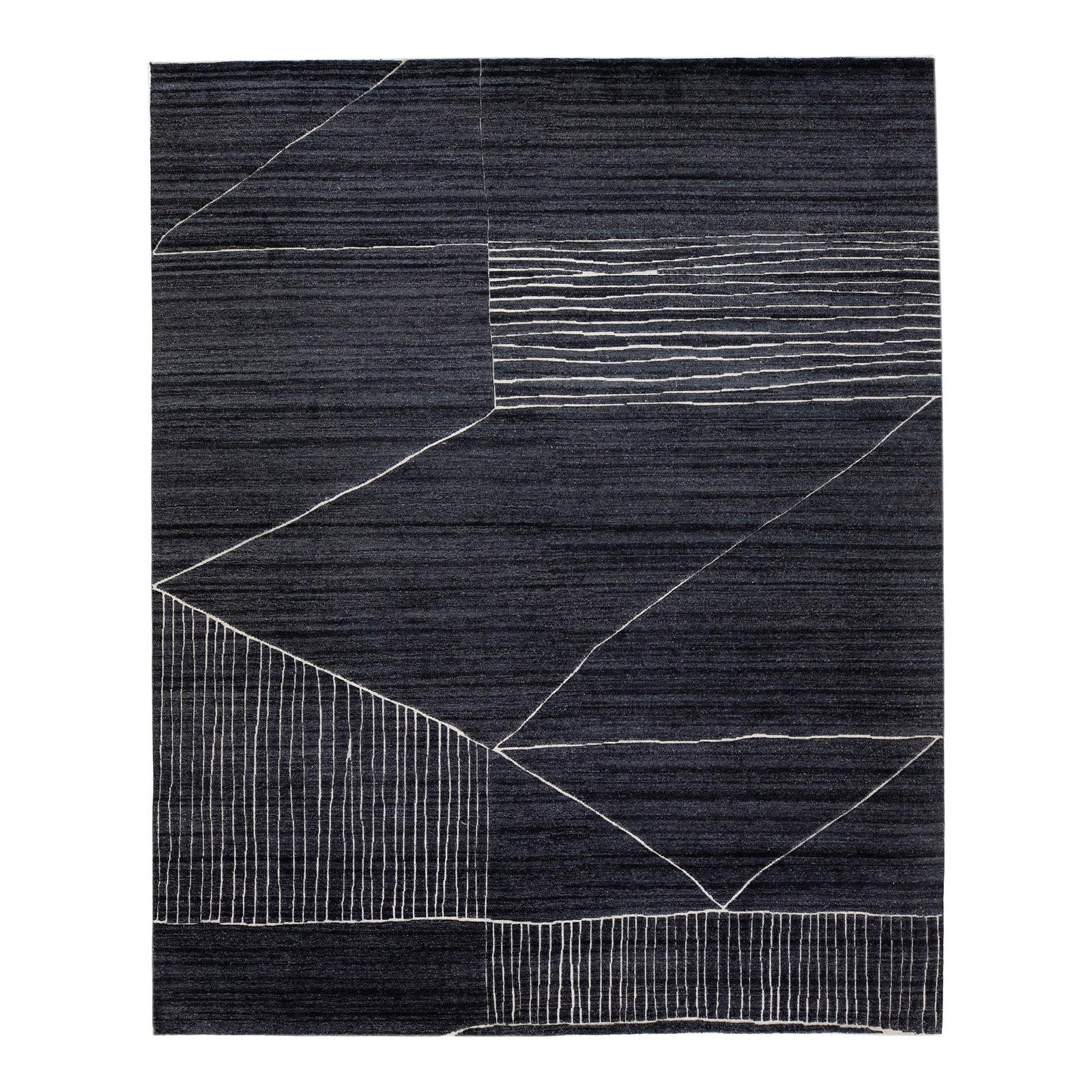 Modern Moroccan Style Wool Rug 12'1" x 14'11": Modern Moroccan Style Wool Rug 12'1" x 14'11" Discover the elegance of this modern Moroccan-style handmade rug, expertly crafted from high-quality wool. The stunning charcoal color field is beautifull