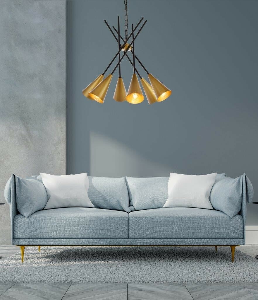 Casen 6-Light Brass Black Mid Century Modern Sputnik Chandelier: Casen 6-Light Brass Black Mid Century Modern Sputnik Chandelier Illuminate your space with the stunning Casen 6-Light Chandelier, designed in a Mid Century Modern Sputnik style. This eye-catching fixt
