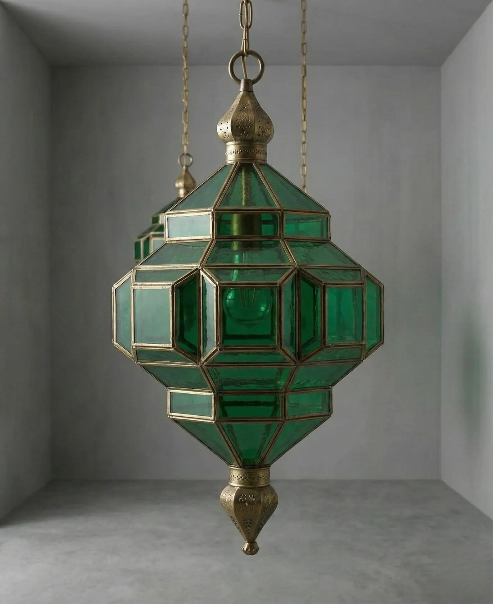 Moroccan brass lantern with green glass wall or pendant (1 of 12)