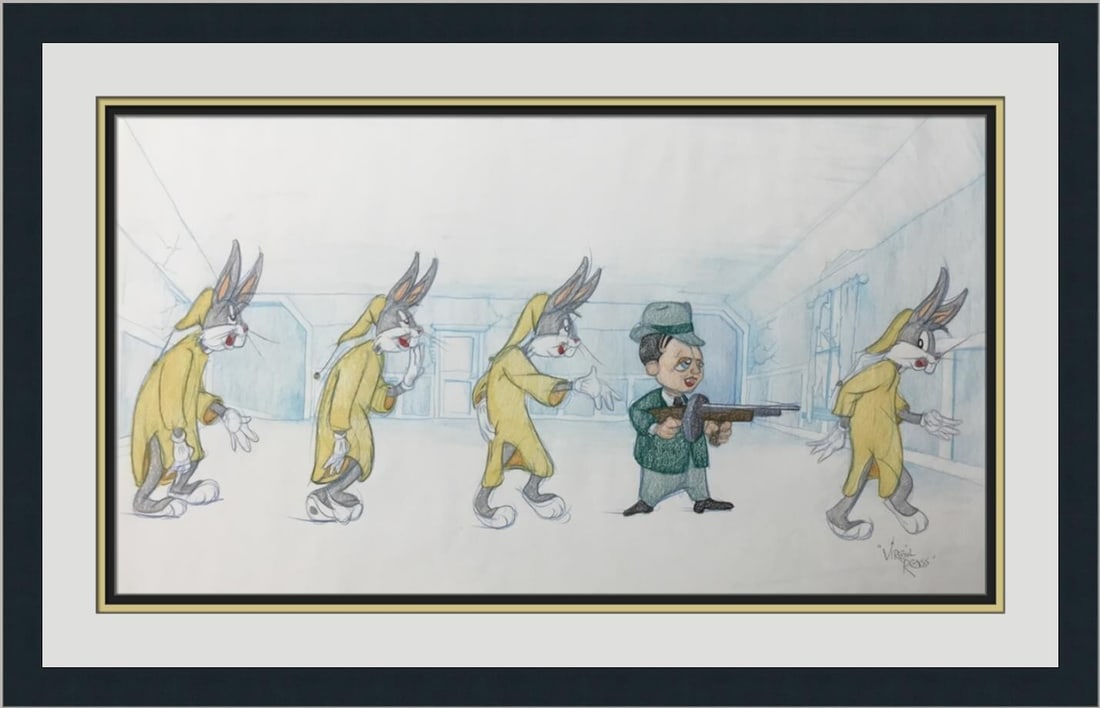 Virgil Ross Signed Bugs Bunny Hugo Model Sheet Drawing Framed Warner Bros: Virgil Ross Signed Bugs Bunny Hugo Model Sheet Drawing Framed Warner Bros This original signed model sheet drawing features Bugs Bunny and the Hugo caricature of Peter Lorre, created by legendary anim
