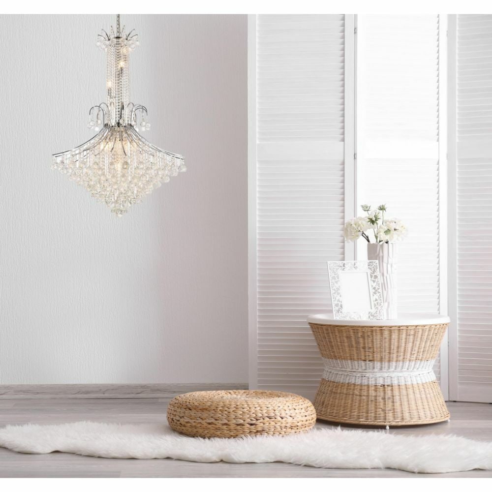 Crystal Empire Chandelier 16-Light Chrome Toureg 48 Inch: Crystal Empire Chandelier 16-Light Chrome Toureg 48 Inch This large chandelier features a modern empire style with a polished chrome frame and Royal Cut clear crystal accents. Designed for indoor inst