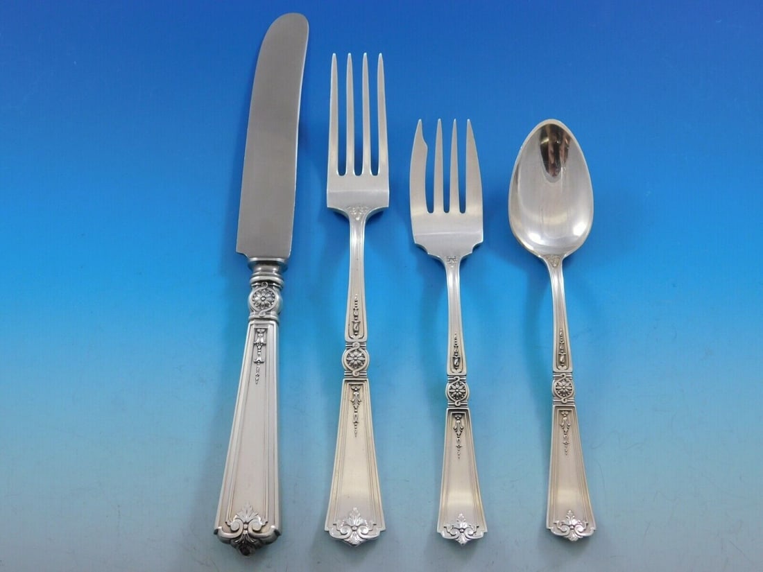Durgin Victorian Sterling Silver 4-Piece Place Setting: Durgin Victorian Sterling Silver 4-Piece Place Setting This exquisite 4-piece place setting in the Victorian pattern by Durgin is crafted from high-quality sterling silver, showcasing the elegance of 