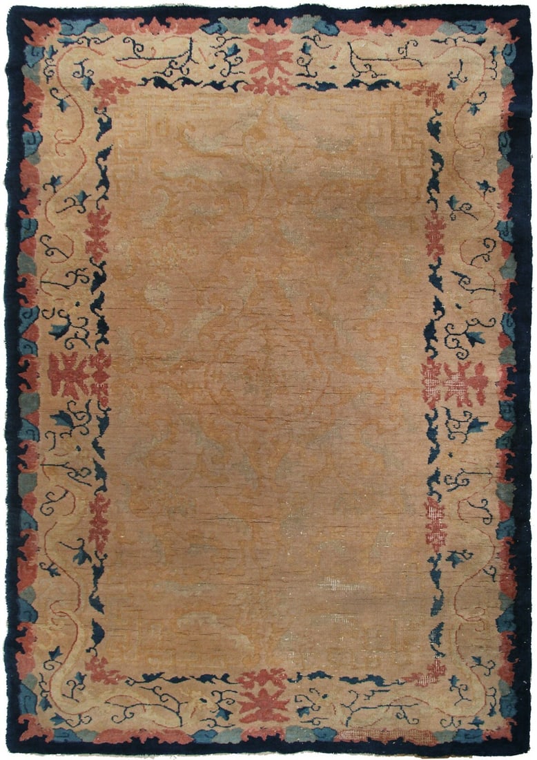 1920 Chinese Art Deco hand knotted wool area rug 4'1" x 6'10": 1920 Chinese Art Deco hand knotted wool area rug 4'1" x 6'10" Antique Chinese handmade area rug in Art Deco style with an abstract beige design. It is hand knotted in 100% wool with a cotton foundatio