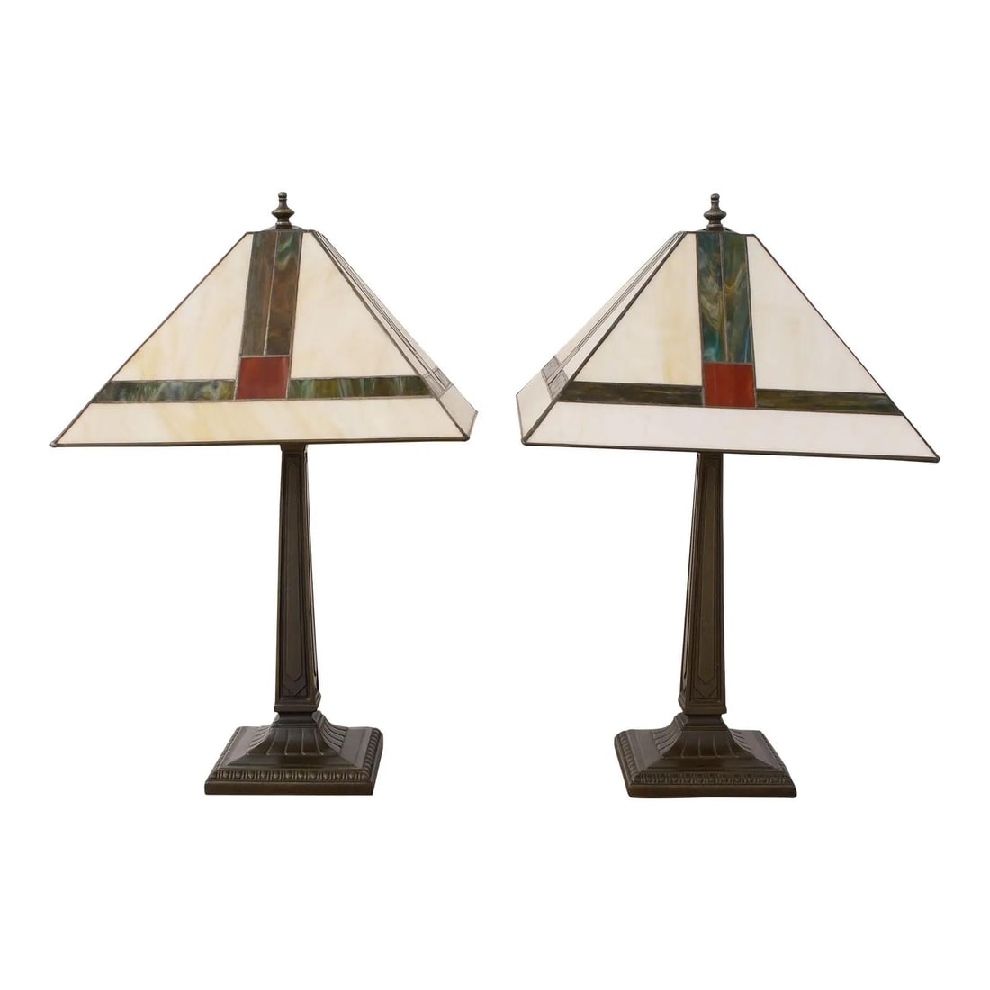 Vintage Pair of Arts & Crafts Slag Glass Lamps with Bronze Finish: Vintage Pair of Arts & Crafts Slag Glass Lamps with Bronze Finish This stunning pair of Arts & Crafts style lamps features beautifully colored slag glass shades that add a touch of elegance to any roo
