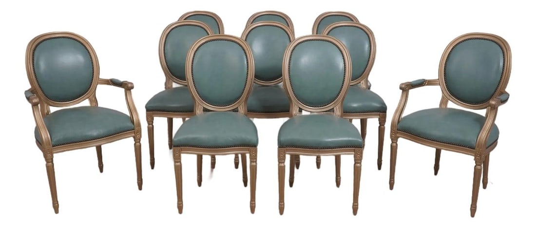 10 Blue Leather Old Hickory French Dining Chairs Set of 10: 10 Blue Leather Old Hickory French Dining Chairs Set of 10 This set includes 10 Old Hickory French style dining chairs, crafted with high-quality construction and featuring blue leather upholstery. Th