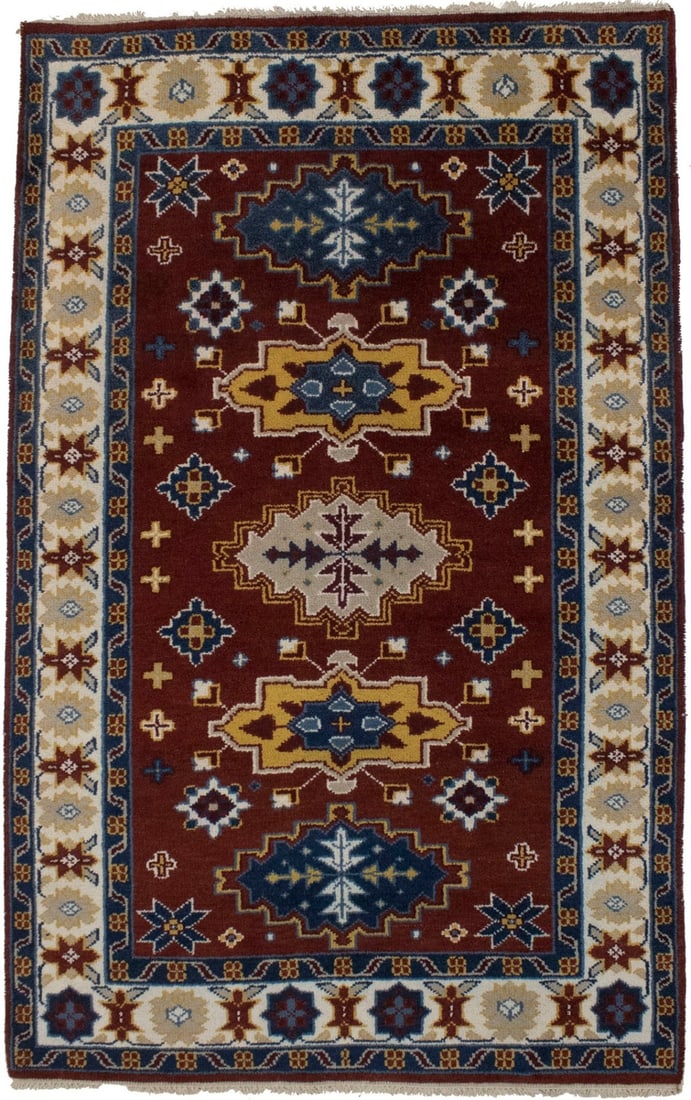 Handmade Kazak Tribal Rug 4'11 x 7'11 Geometric Wool Carpet: Handmade Kazak Tribal Rug 4'11 x 7'11 Geometric Wool Carpet Enhance your living space with this exquisite Handmade Kazak Rug, showcasing a vibrant tribal geometric design that blends modern aesthetics