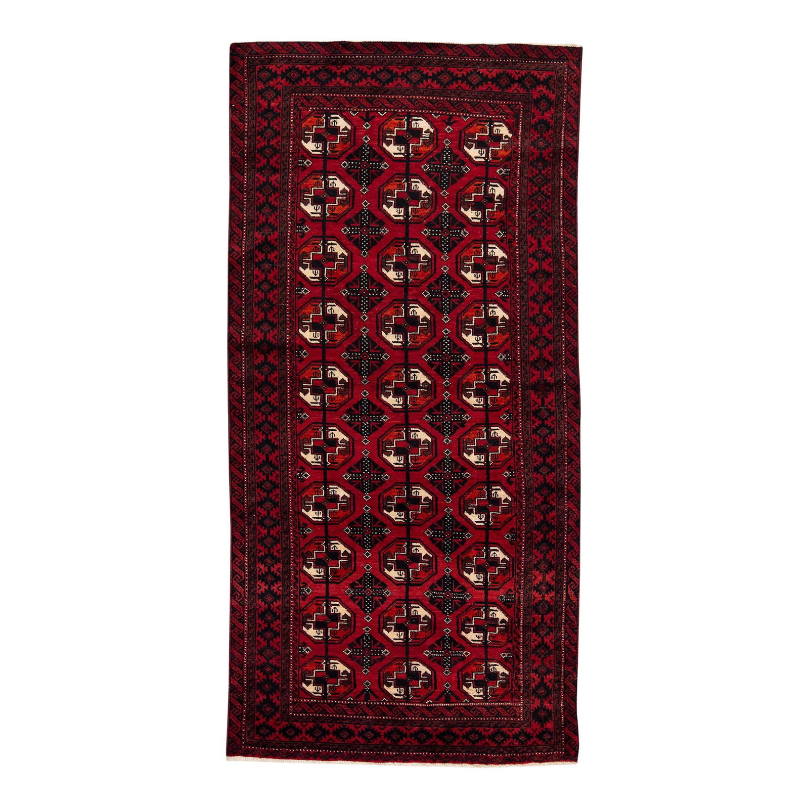 1920s Antique Handmade Persian Turkmen Wool Rug Red Geometric Design 3'7 x 7'6: 1920s Antique Handmade Persian Turkmen Wool Rug Red Geometric Design 3'7 x 7'6 This exquisite antique Turkmen rug from the 1920s features a vibrant red color field and is hand-knotted from high-qualit