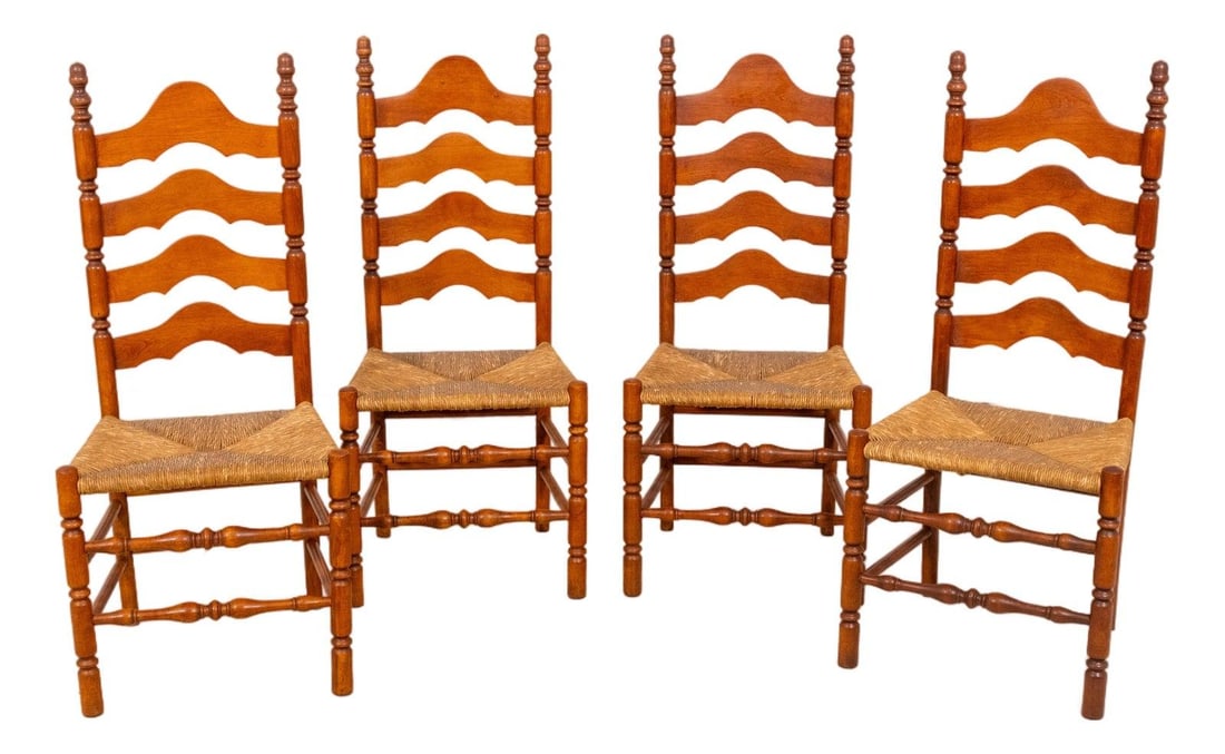 Group of Four Traditional Maple Ladder Back Chairs with Rush Seats Set of 4: Group of Four Traditional Maple Ladder Back Chairs with Rush Seats Set of 4 This set of four maple ladder back chairs features a traditional design with rush seats, turned legs, and stretchers. Crafte
