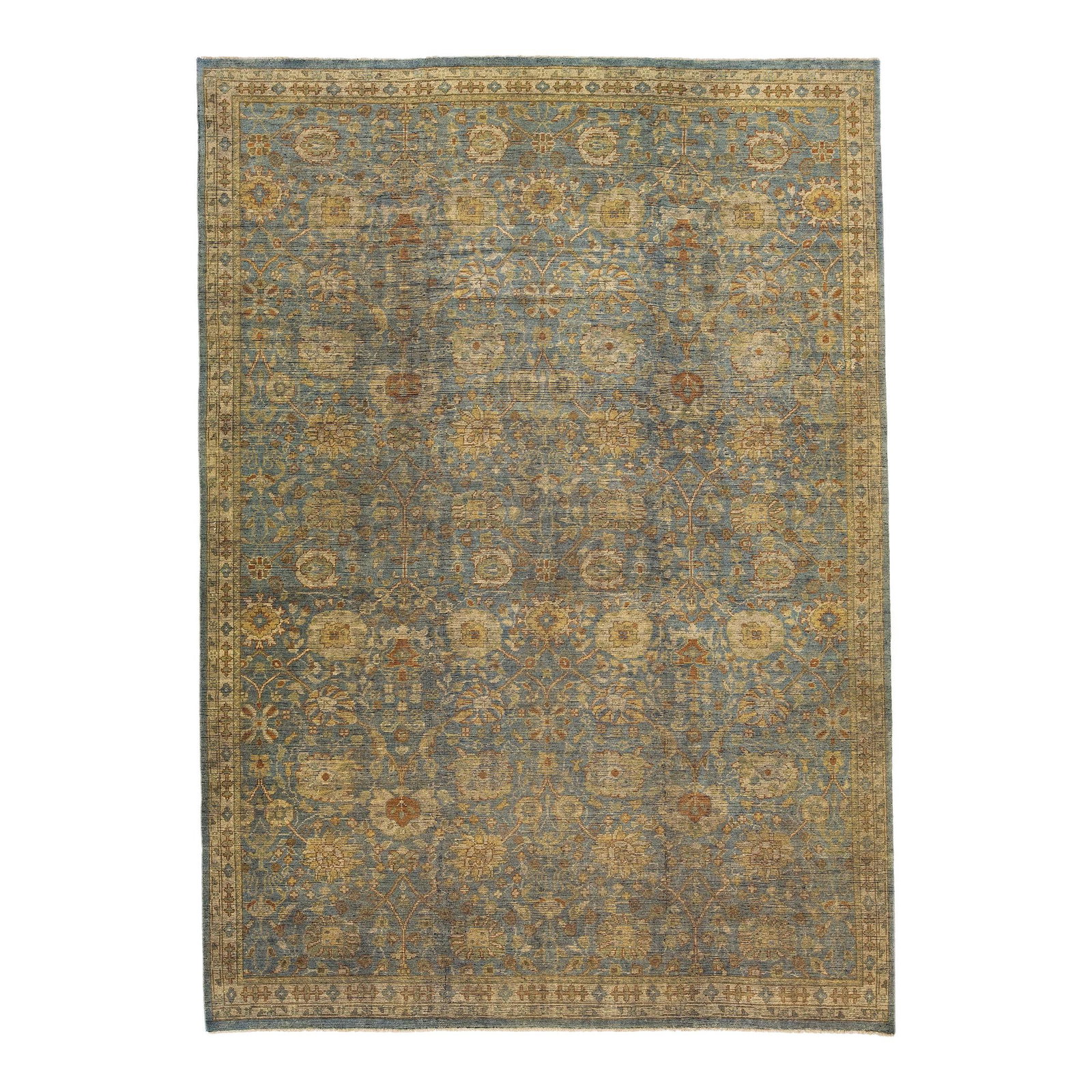 Contemporary Blue Oushak Wool Rug 9'9 x 13'9 Floral Design: Contemporary Blue Oushak Wool Rug 9'9 x 13'9 Floral Design Enhance your living space with this stunning contemporary Oushak hand-knotted wool rug, featuring a vibrant blue field. The rug showcases a d
