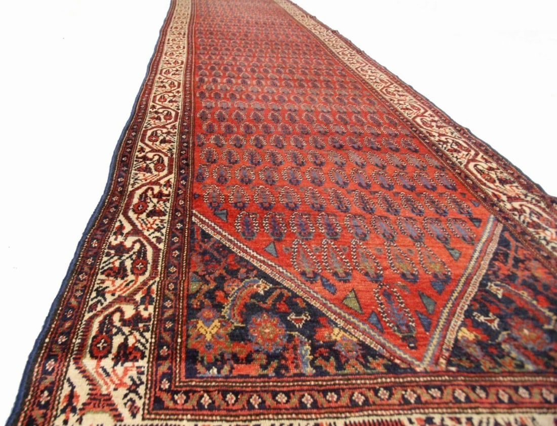 Antique Malayer Wool Runner 4x15 Paisley Boteh Geometric: Antique Malayer Wool Runner 4x15 Paisley Boteh Geometric This antique Persian Malayer runner from circa 1900 features an elegant geometric paisley (boteh) design. Hand knotted from 100% wool with a co