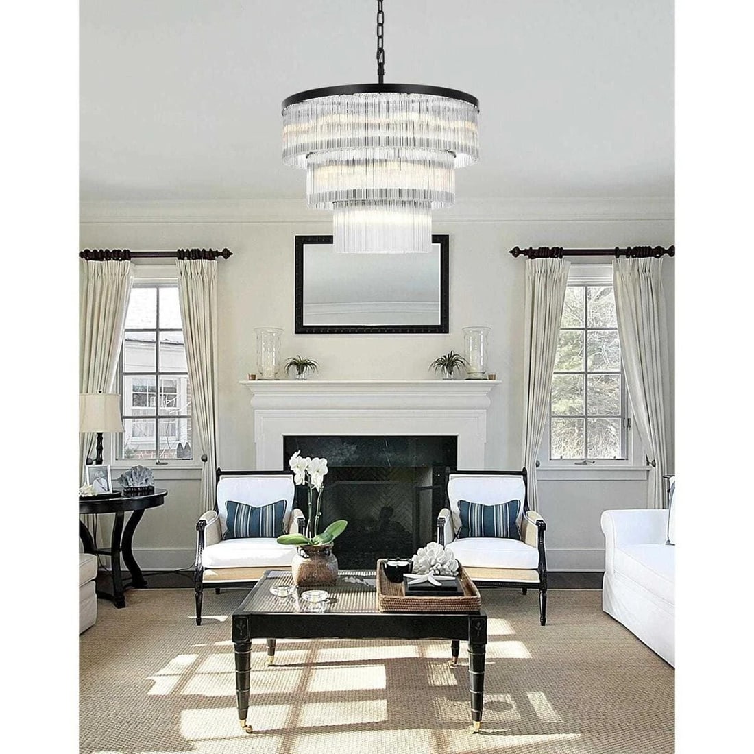 Harlow 18 Light Black 32 in Modern Chandelier: Harlow 18 Light Black 32 in Modern Chandelier Modern black 18-light chandelier ceiling fixture with a clear glass design and iron, metal, and steel construction. It is hardwired, dimmable, height-adju