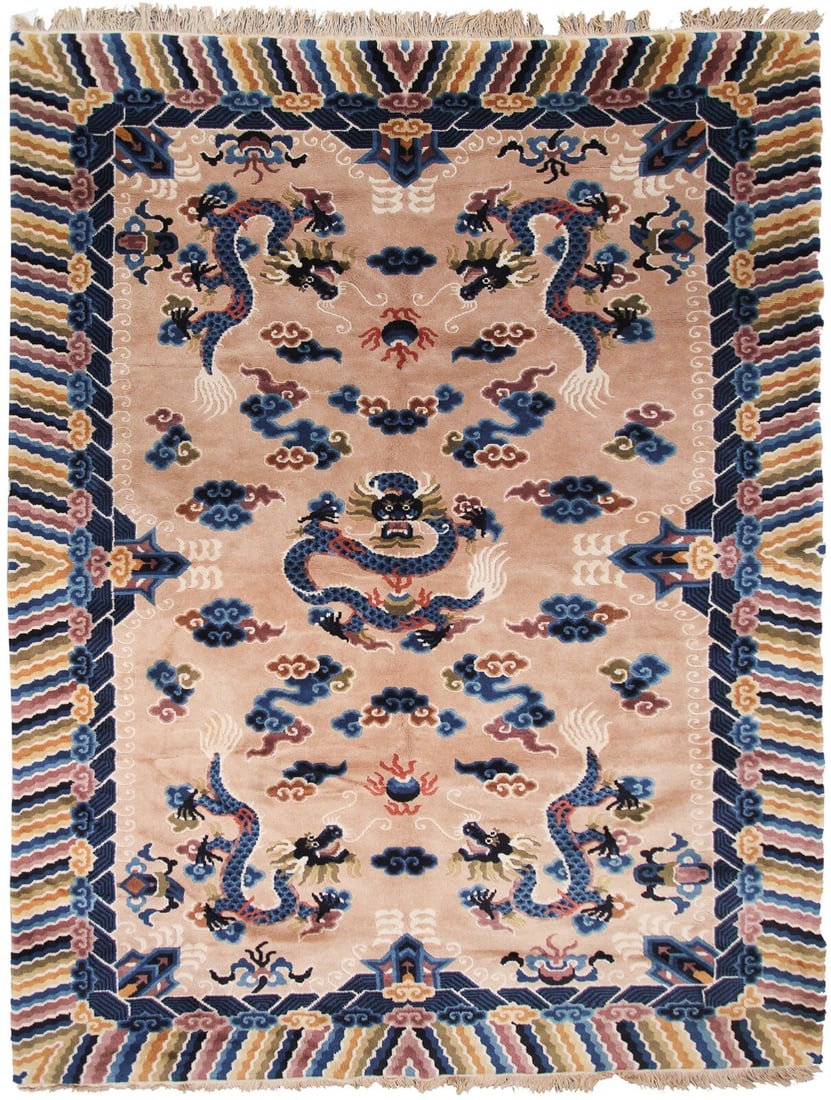Beige Chinese Peking Dragon Area Rug 5x8 Vintage Art Deco: Beige Chinese Peking Dragon Area Rug 5x8 Vintage Art Deco This vintage Art Deco Chinese area rug features a rare dragon and bat vase pattern, embodying classic motifs from ancient Chinese culture. Han