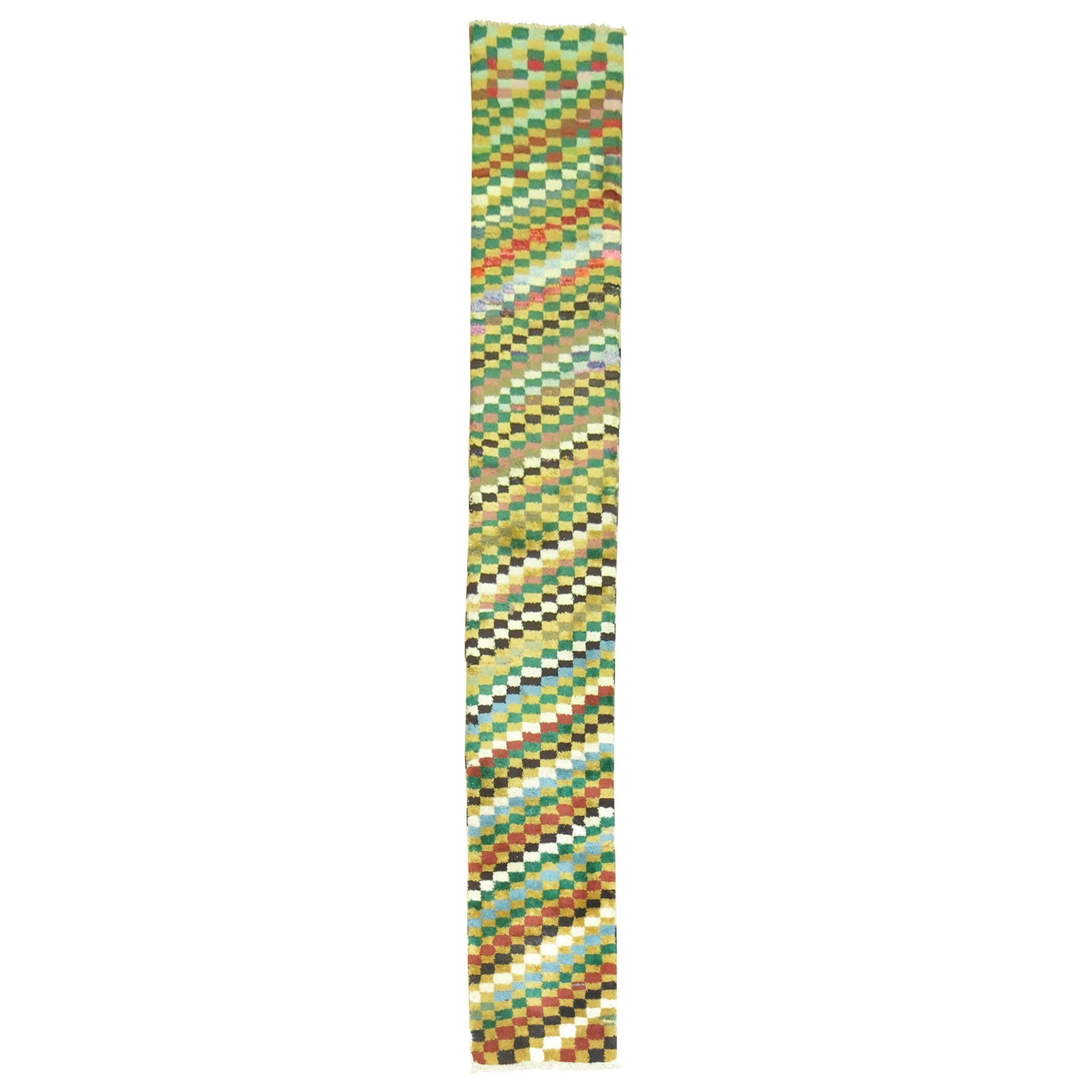 Vintage Turkish Deco Hand-Knotted Wool Runner 20x127 in: Vintage Turkish Deco Hand-Knotted Wool Runner 20x127 in This stunning Turkish Deco runner features a vibrant and colorful checkerboard motif, showcasing the craftsmanship of the Mid-Century Modern sty