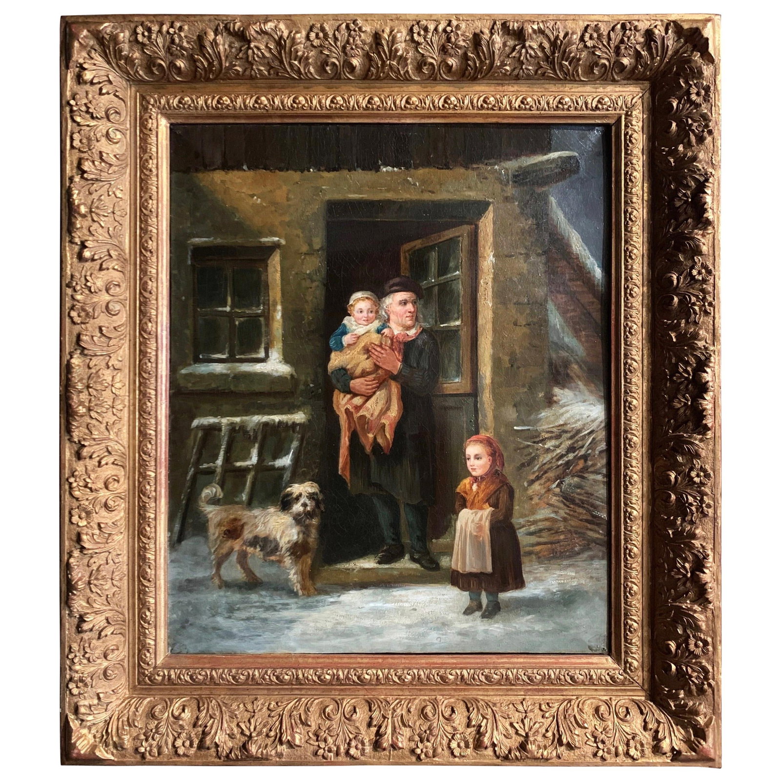 Antique French Oil Painting Family and Dog in Rustic Winter Scene Circa 1870 (1 of 11)
