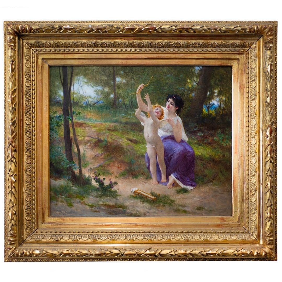 Framed Guillaume Seignac original painting Love Disarmed 1910: Framed Guillaume Seignac original painting Love Disarmed 1910 This is an original painting titled "Love-Disarmed" by French artist Guillaume Seignac, created in 1910. The artwork is executed in the Ac