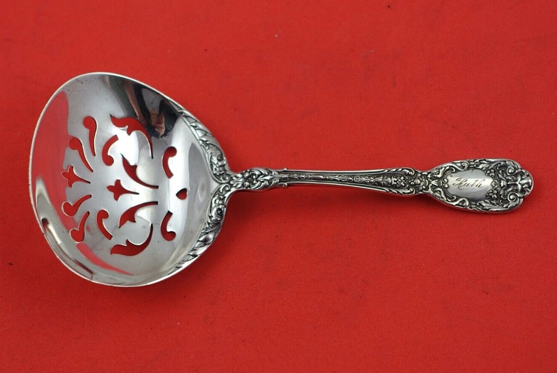 Gorham Florentine Sterling Silver Nut Spoon Monogrammed 4 5/8": Gorham Florentine Sterling Silver Nut Spoon Monogrammed 4 5/8" This exquisite Florentine nut spoon by Gorham is crafted from high-quality sterling silver. Measuring 4 5/8 inches, it showcases the intr