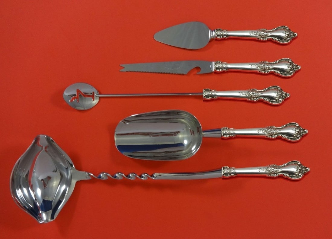 Lunt Delacourt Sterling Silver 5pc Cocktail Serving Set: Lunt Delacourt Sterling Silver 5pc Cocktail Serving Set Elevate your cocktail gatherings with this exquisite 5-piece Delacourt cocktail party bar serving set by Lunt. Crafted from sterling silver, thi