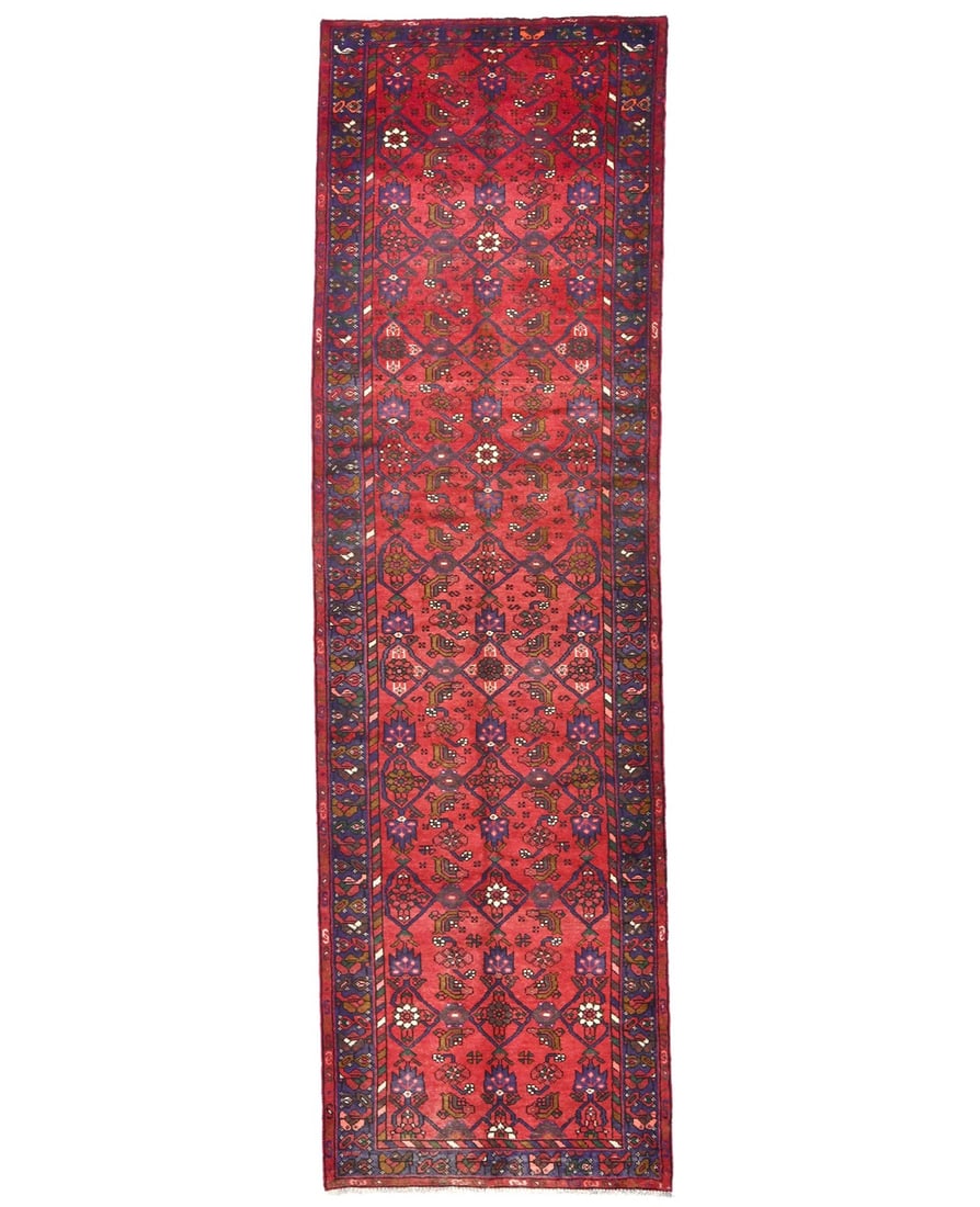 Vintage Hand Knotted Wool Runner Rug 3'2 X 10'7 Red Floral Tribal: Vintage Hand Knotted Wool Runner Rug 3'2 X 10'7 Red Floral Tribal Vintage hand-knotted runner rug in a tribal oriental style with a floral pattern. It is made of wool and features a red, purple, cream