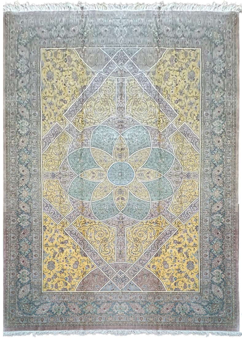 Architectural Medallion Silk Tapestry Rug 8x11 244 cm x 340 cm: Architectural Medallion Silk Tapestry Rug 8x11 244 cm x 340 cm This is a handmade Turkish silk tapestry rug with an architectural medallion pattern and floral and geometric themes. It is described as 