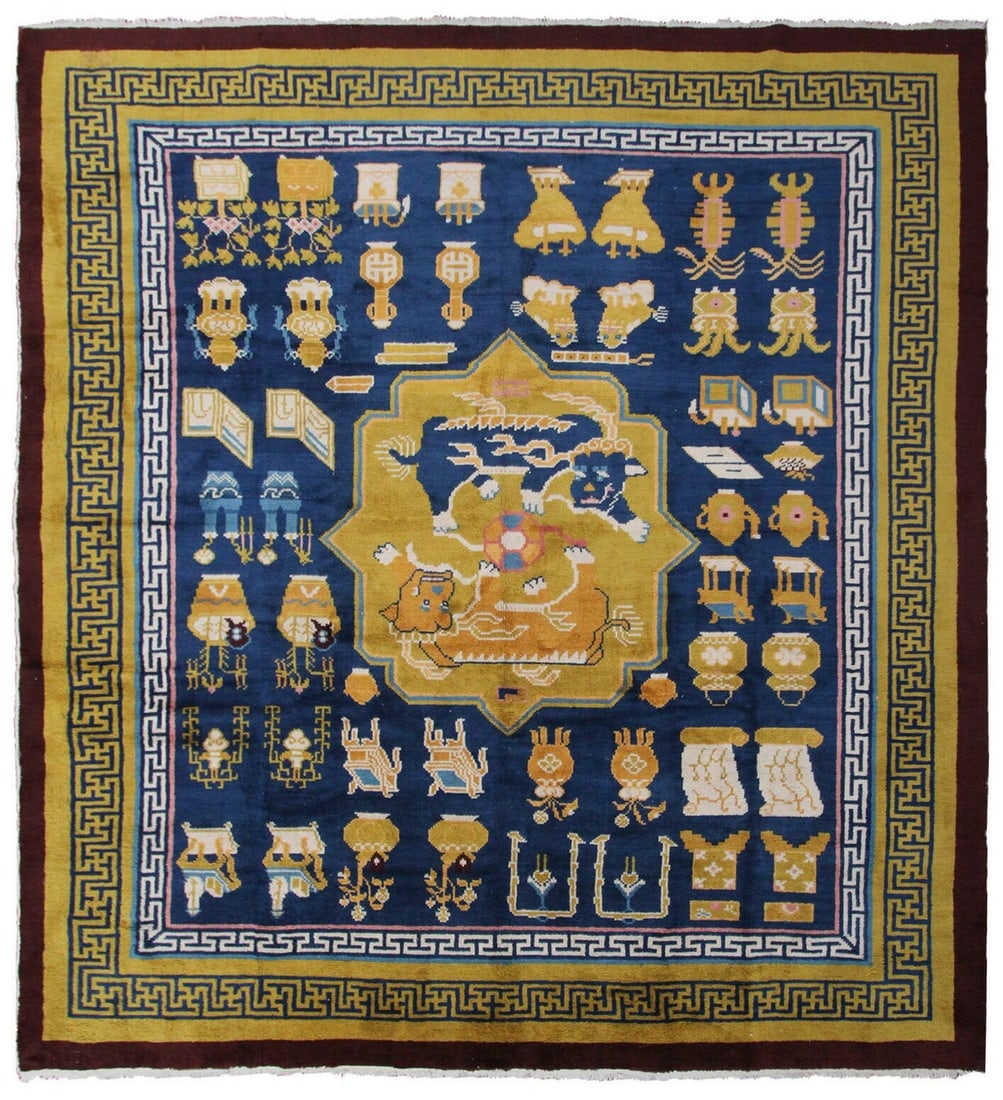 Antique Chinese Peking Wool Rug Guardian Lions Blue 8'2 x 9'1: Antique Chinese Peking Wool Rug Guardian Lions Blue 8'2 x 9'1 This antique Chinese Art Deco area rug, dating to circa 1900, is a rare handmade piece featuring a distinctive Guardian Lions (Foo Dog) de