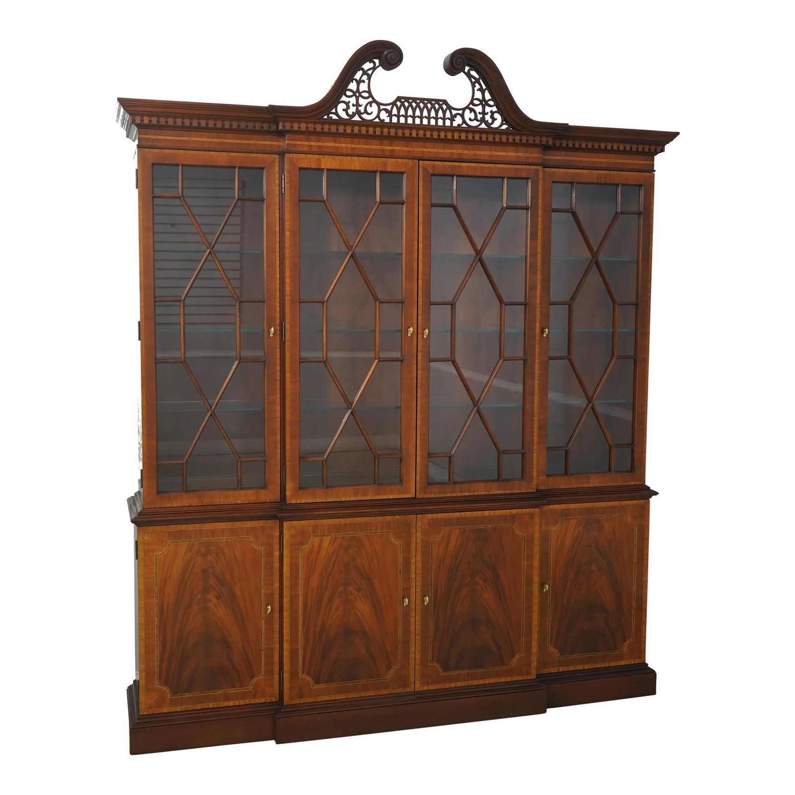 Councill Craftsmen Mahogany Breakfront with Glass Shelves and Lighted Interior: Councill Craftsmen Mahogany Breakfront with Glass Shelves and Lighted Interior This elegant Councill Craftsmen breakfront showcases exquisite craftsmanship and a timeless design, making it a stunning 