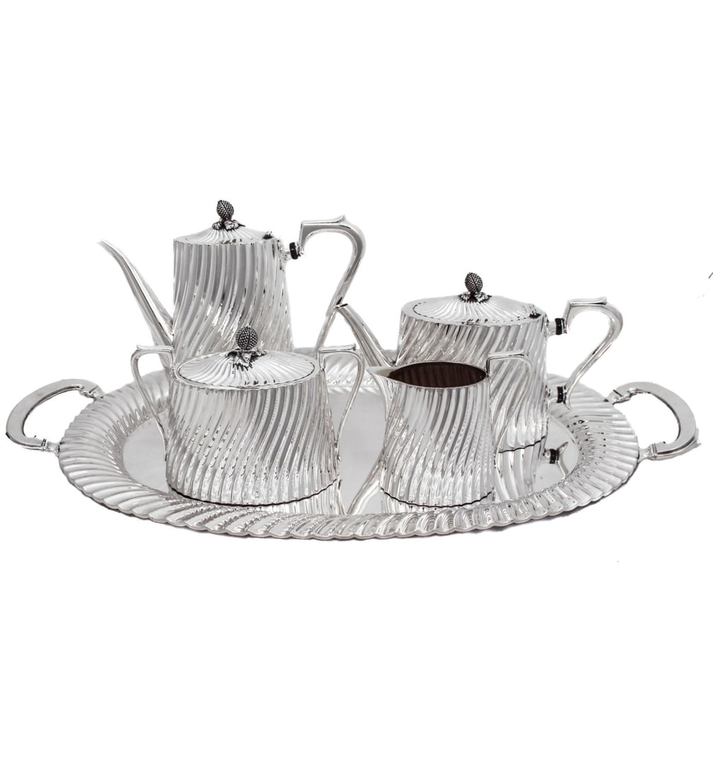 Handcrafted Portugal Topazio Sterling Silver Fluted Modern Tea Set with 24" Tray: Handcrafted Portugal Topazio Sterling Silver Fluted Modern Tea Set with 24" Tray This fine Topazio tea set and tray is crafted from 925 sterling silver and features handmade, modern fluted designs wit