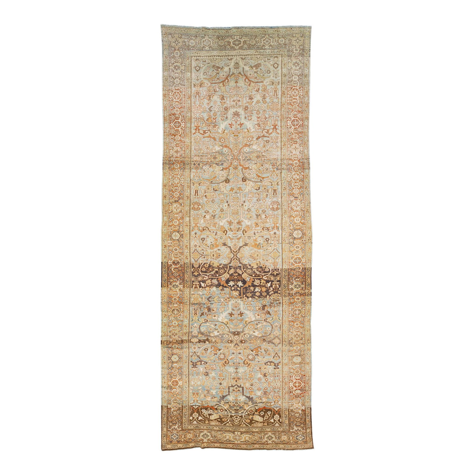 1930s Persian Mahal Blue Wool Rug Floral Pattern 6'4 x 17'5: 1930s Persian Mahal Blue Wool Rug Floral Pattern 6'4 x 17'5 This exquisite 1930s Persian Mahal gallery wool rug features a stunning blue main field adorned with an all-over floral pattern in rust, bei
