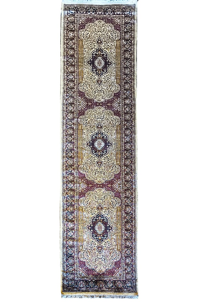 Kashmir Hand-Knotted Runner 2.6 x 12.6 ft Bamboo Silk Elegant Design: Kashmir Hand-Knotted Runner 2.6 x 12.6 ft Bamboo Silk Elegant Design Free continental US Shipping Experience the luxury of our exquisite 2.6 x 12.6 Kashmir Hand-knotted Runner, meticulously crafted wi