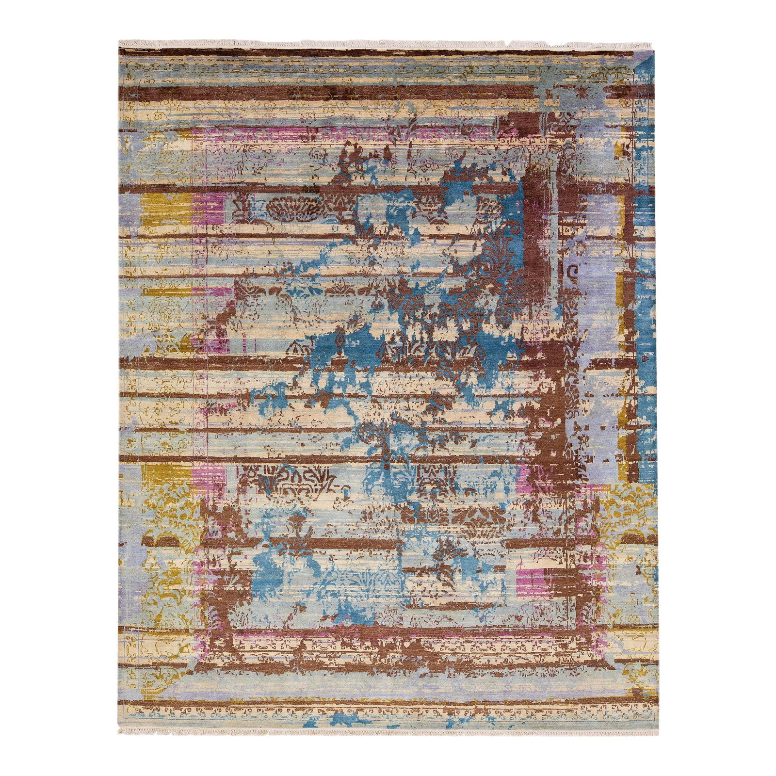 Contemporary Tibetan Rug 8' x 10' Wool Silk Multicolor Design: Contemporary Tibetan Rug 8' x 10' Wool Silk Multicolor Design Enhance your living space with this exquisite Tibetan rug, a harmonious blend of wool and silk. Featuring a light gray and beige field ado