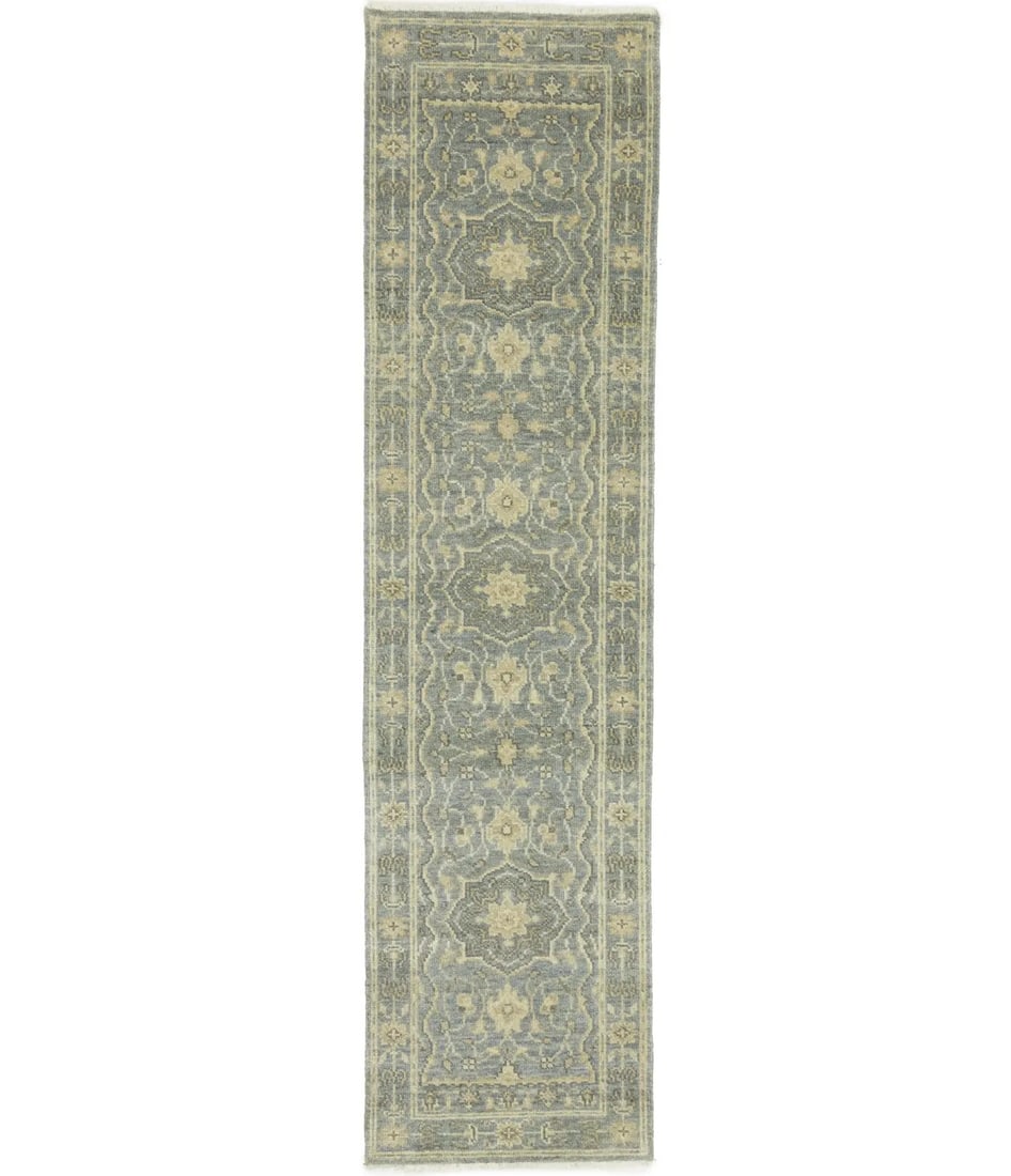 Hand-Knotted Wool Runner 2'6 x 9'11 Transitional Floral Gray Cream Rug: Hand-Knotted Wool Runner 2'6 x 9'11 Transitional Floral Gray Cream Rug This hand-knotted transitional Oriental runner rug features a muted floral design in shades of gray, cream, beige, and taupe. Cra