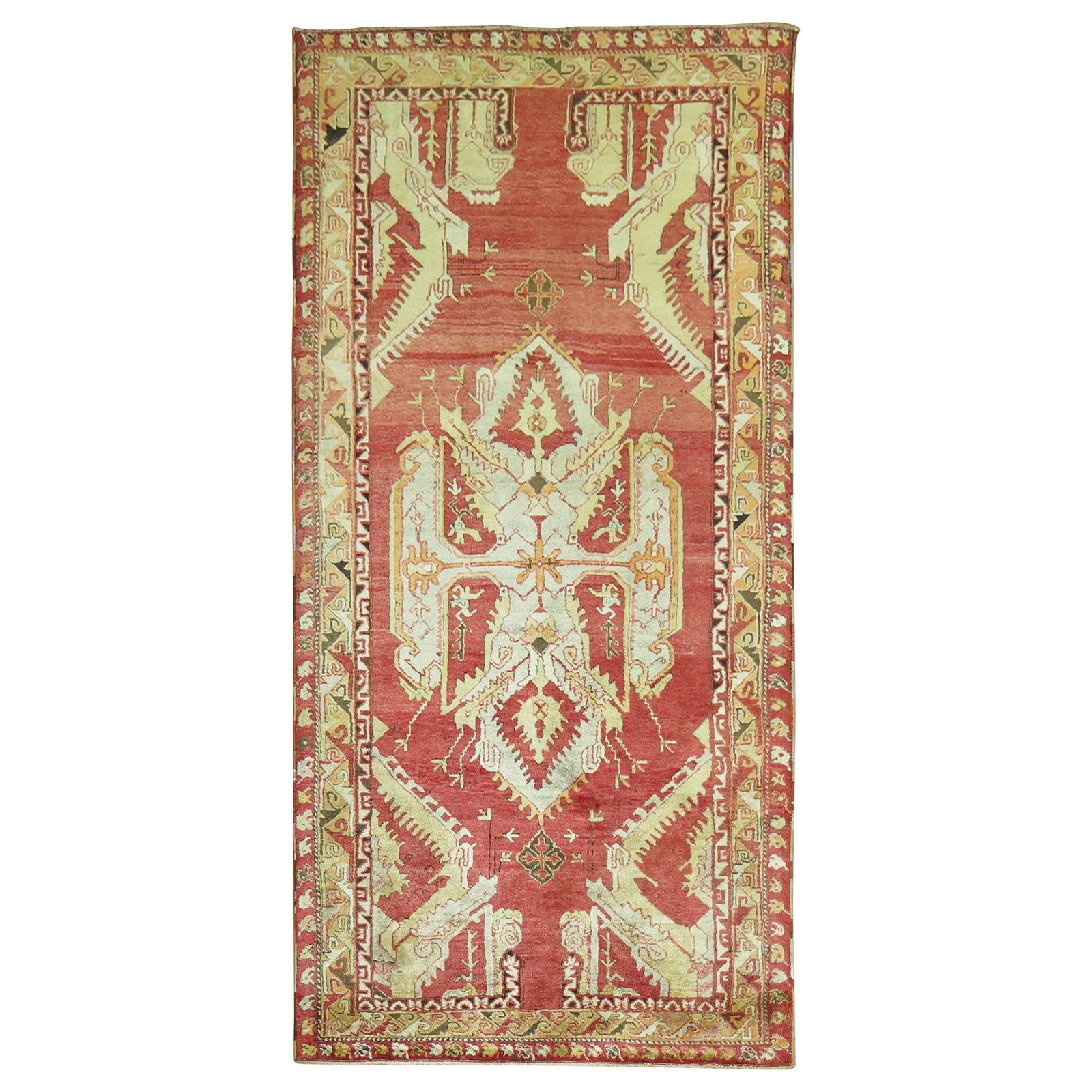 Zabihi Collection Antique Red Turkish Oushak Hand-Knotted Rug 4'5" x 8'9": Zabihi Collection Antique Red Turkish Oushak Hand-Knotted Rug 4'5" x 8'9" This exquisite Antique Red Turkish Anatolian Oushak Rug showcases the rich heritage of early 20th-century craftsmanship. Hand-