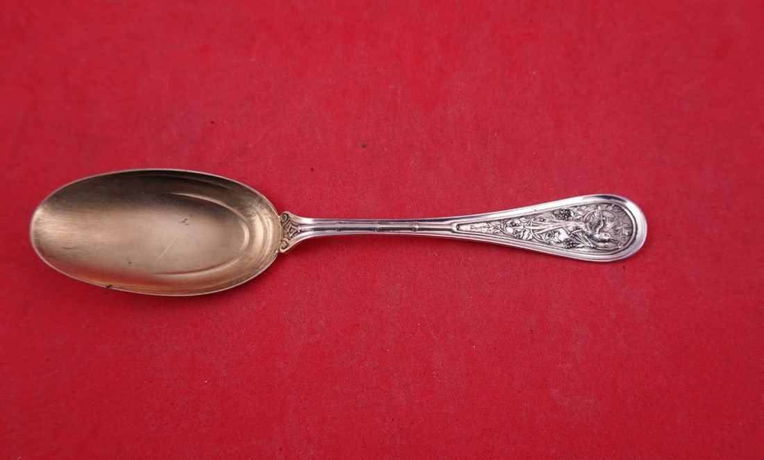 Wendt Bird Sterling Silver Ice Cream Spoon Gold Washed 5 1/8: Wendt Bird Sterling Silver Ice Cream Spoon Gold Washed 5 1/8 Sterling silver ice cream spoon in the Bird pattern by Wendt, featuring a gold-washed finish, stippled detailing, and a ripple in the bowl.