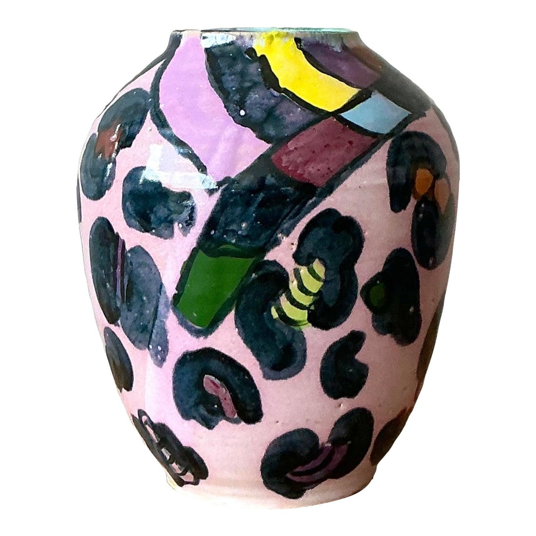 Boho Style Vintage Ceramic Vase Hand Painted With Abstract Floral Design: Boho Style Vintage Ceramic Vase Hand Painted With Abstract Floral Design This vintage Boho hand-painted glazed ceramic vase features a playful abstract floral motif in a palette of soft pink, sunny ye