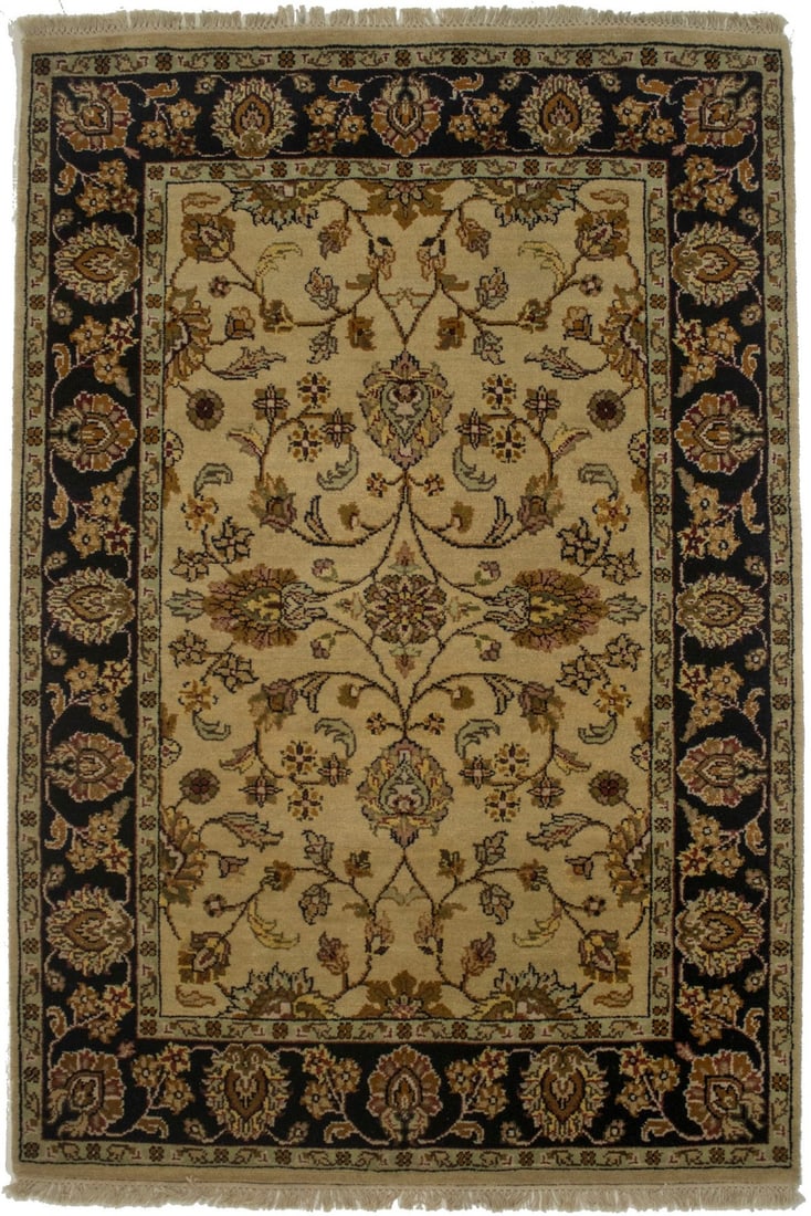 4'2 x 6'1 Wool Floral Hand-Knotted Area Rug Modern Agra Style: 4'2 x 6'1 Wool Floral Hand-Knotted Area Rug Modern Agra Style This handmade Agra Jaipur area rug features a classic floral pattern in shades of beige, charcoal, khaki, light olive, and rusty red. Expe