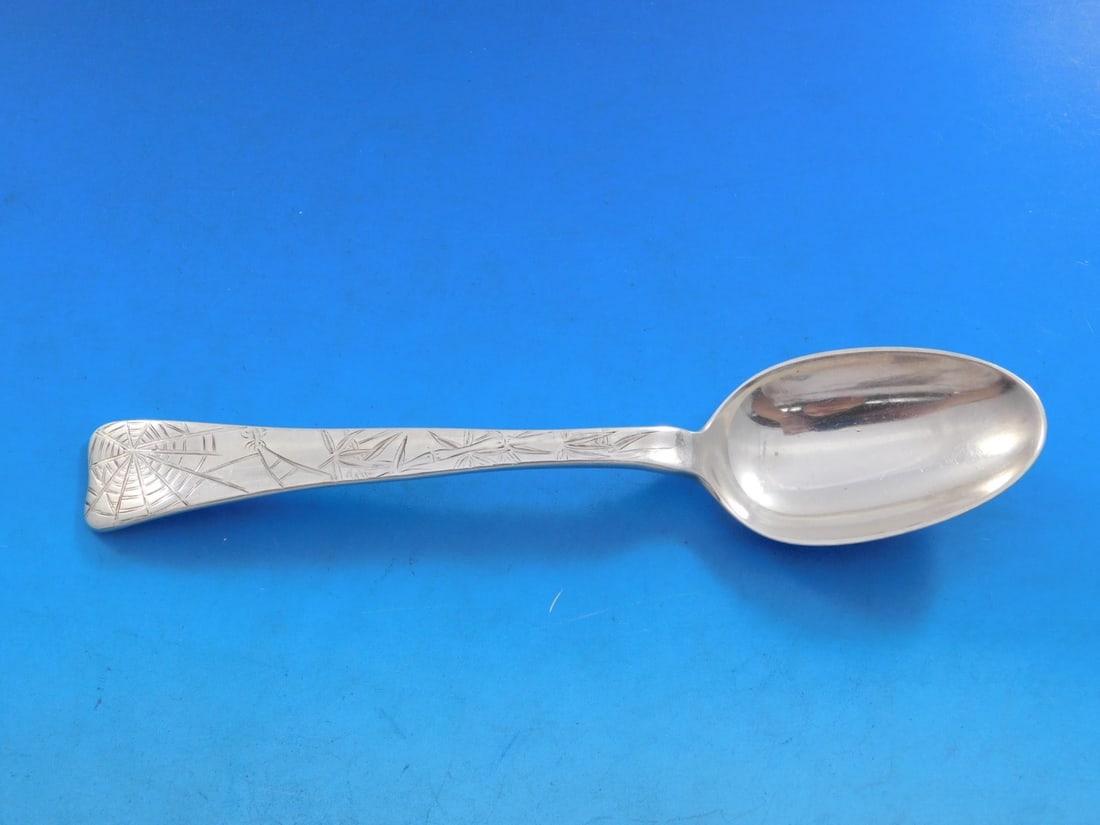 Tiffany & Co Sterling Silver 7 Inch Lap Over Edge Soup Spoon with Spider Web Design: Tiffany & Co Sterling Silver 7 Inch Lap Over Edge Soup Spoon with Spider Web Design This exquisite soup spoon from Tiffany & Co. is crafted from sterling silver and features the elegant Lap Over Edge 