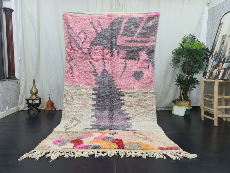 Handmade Moroccan Abstract Wool Area Rug 8 x 5 Feet: Handmade Moroccan Abstract Wool Area Rug 8 x 5 Feet Discover the beauty of this Authentic Handmade Abstract Colorful Wool Area Rug, meticulously handwoven in the Middle Atlas Mountains by skilled loca