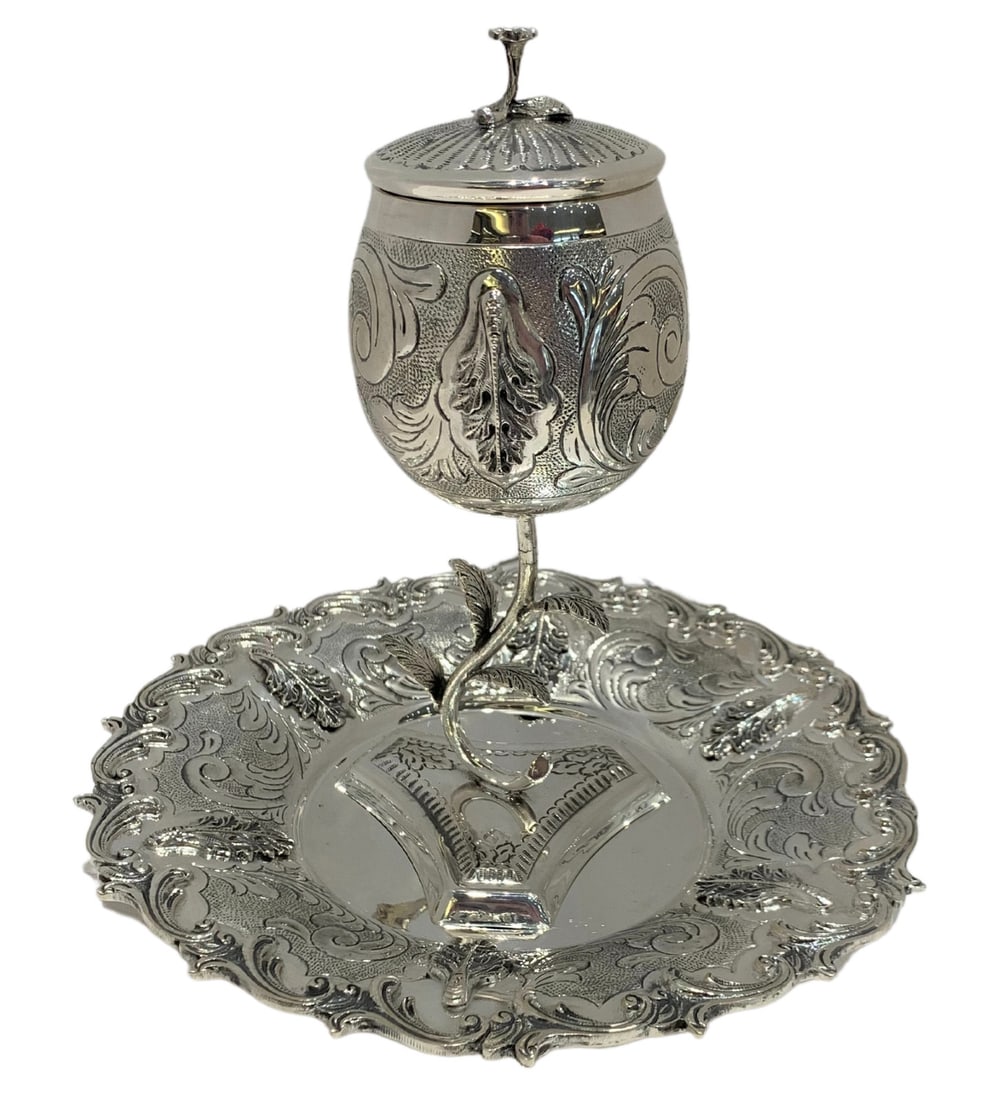Handmade 925 Sterling Silver Vizniz Cup and Tray Set with Leaf Applique (1 of 4)